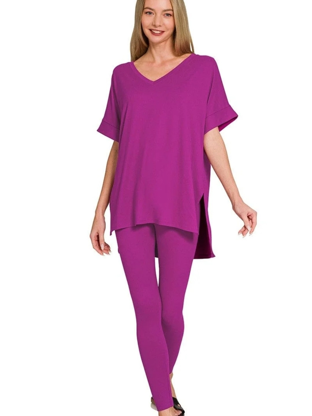 Zenana Brushed Microfiber Rolled Short Sleeve Top Leggings Loungewear Set Plum L